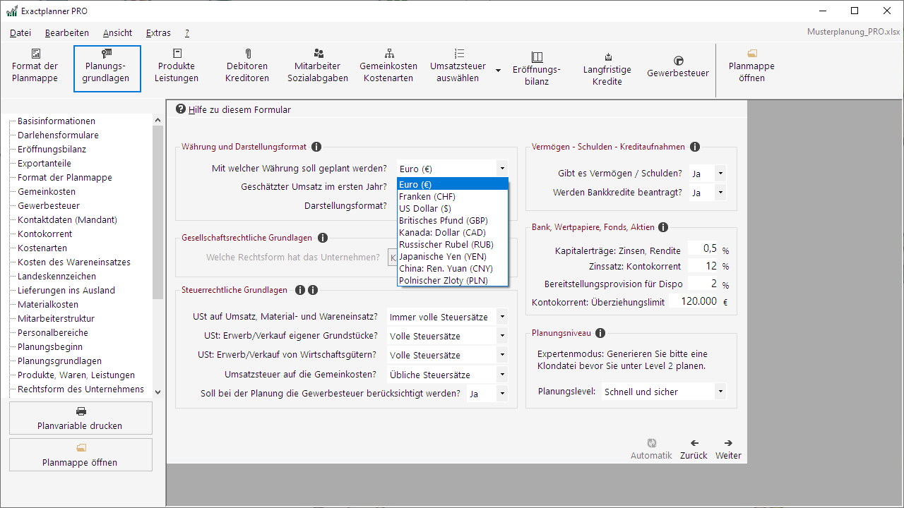 Inhalte einer Planmappe festlegen